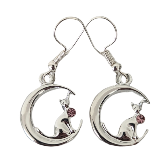 Silver tone Cat Crescent Moon Pink Rhinestone Dangle Hook Earrings